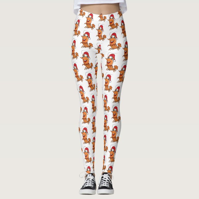Cute happy Christmas shrimp cartoon illustration Leggings (Front)