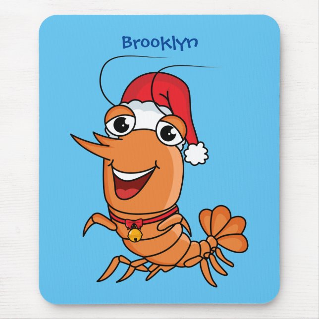 Cute happy Christmas shrimp cartoon illustration Mouse Mat (Front)