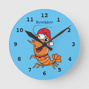 Cute happy Christmas shrimp cartoon illustration Round Clock