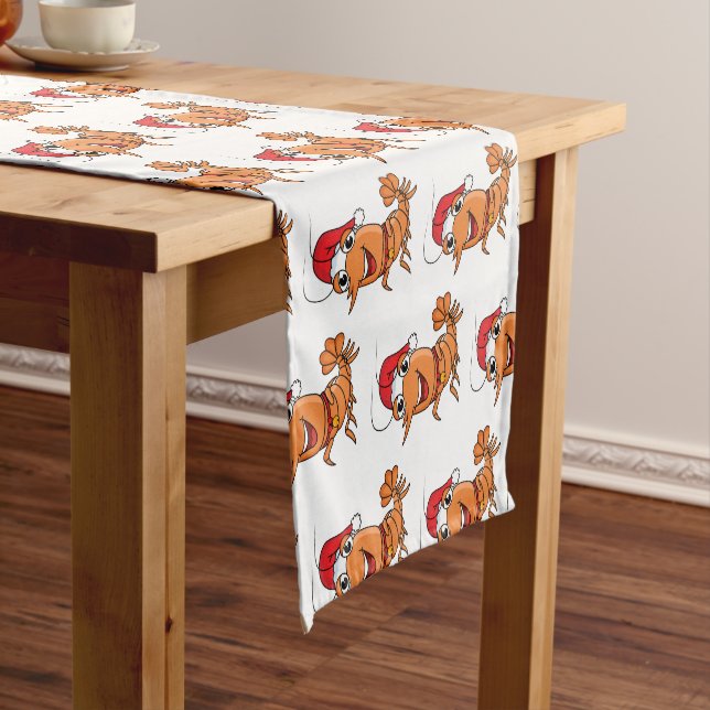 Cute happy Christmas shrimp cartoon illustration Short Table Runner (In Situ)