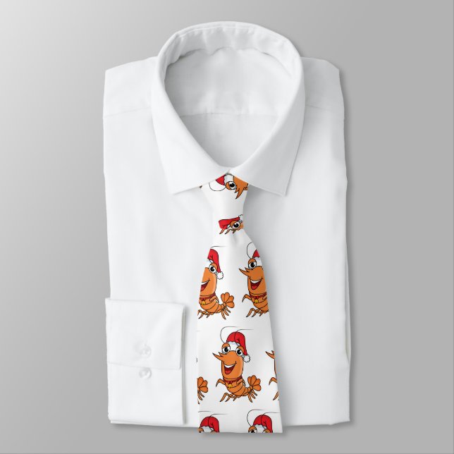 Cute happy Christmas shrimp cartoon illustration Tie (Tied)