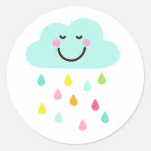 Cute happy cloud with colourful raindrops classic round sticker