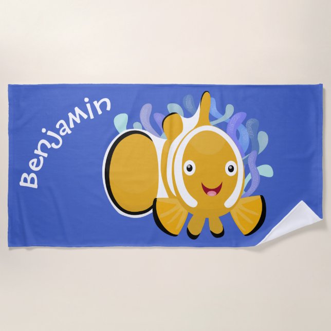 Cute happy clownfish anenome cartoon beach towel (Front)