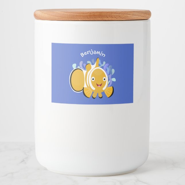 Cute happy clownfish anenome cartoon food label (Front)