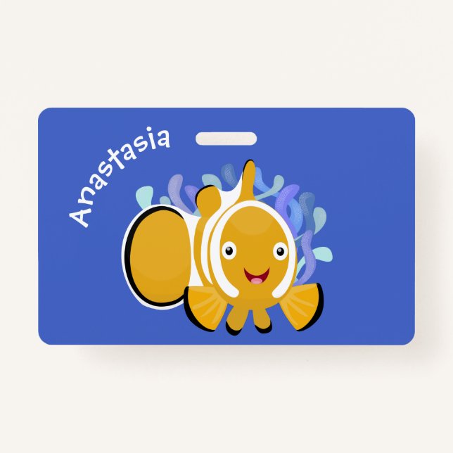 Cute happy clownfish anenome cartoon ID badge (Front)