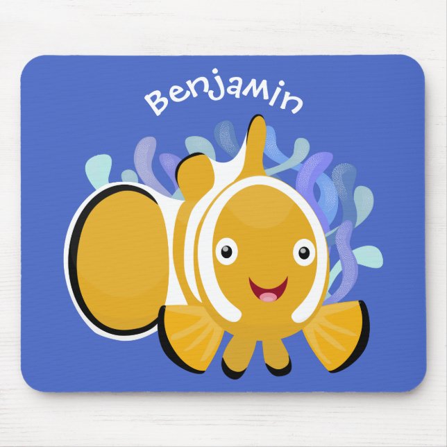 Cute happy clownfish anenome cartoon mouse mat (Front)