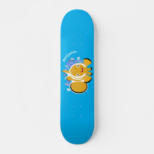 Cute happy clownfish anenome cartoon skateboard (Front)