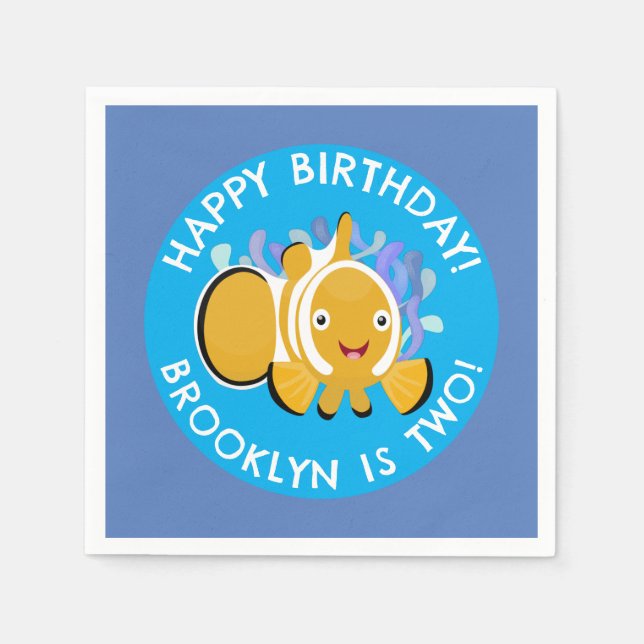 Cute happy clownfish personalised birthday cartoon napkin (Front)