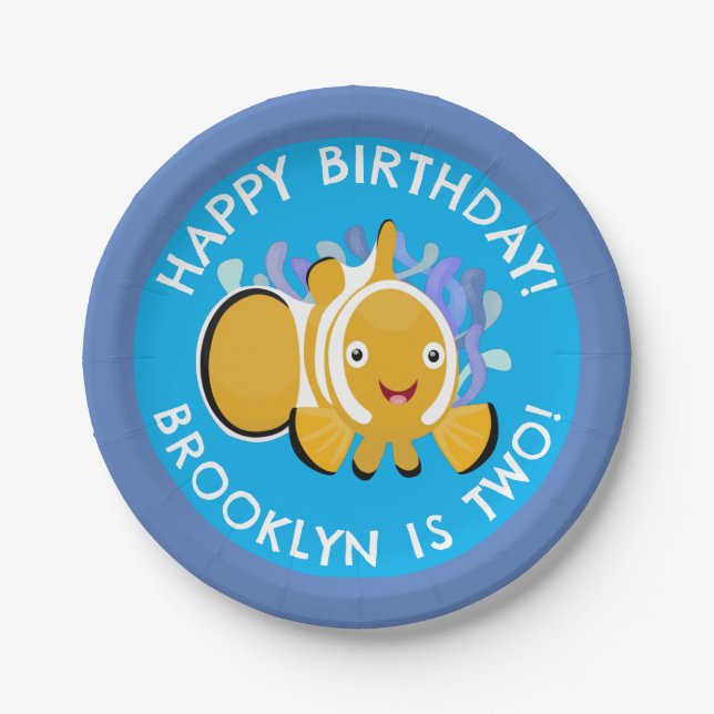 Cute happy clownfish personalised birthday cartoon paper plate (Front)