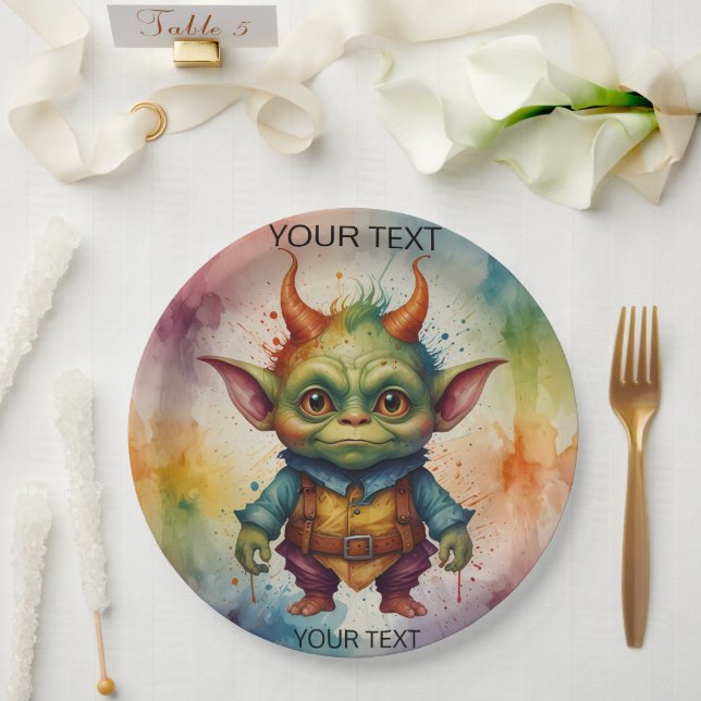 Cute happy colourful funny little goblin creature paper plate (Wedding)