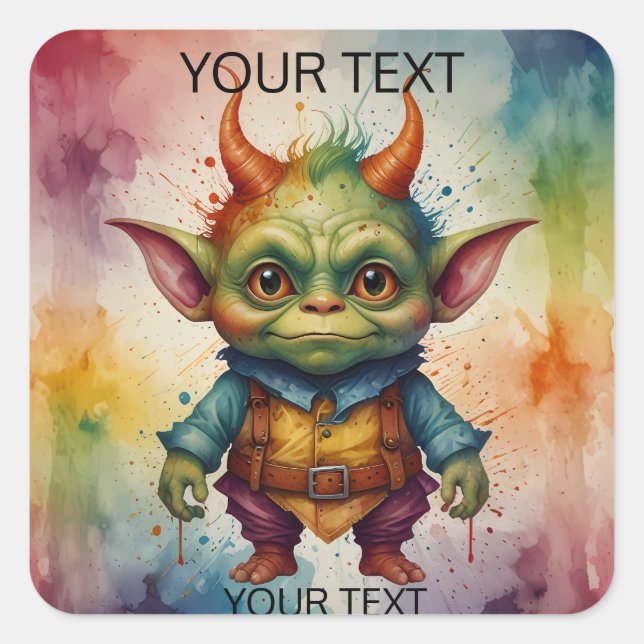 Cute happy colourful funny little goblin creature square sticker (Front)