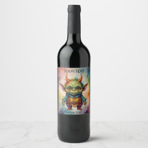 Cute happy colourful funny little goblin creature wine label