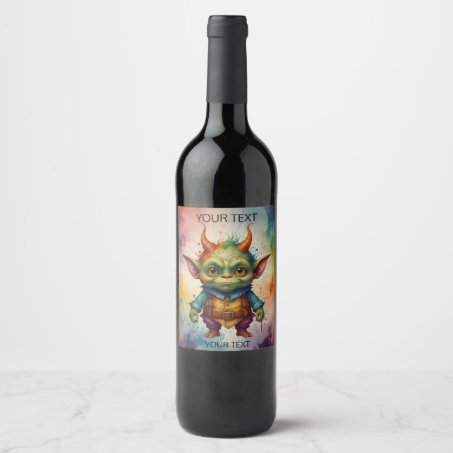 Cute happy colourful funny little goblin creature wine label (Front)