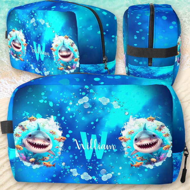 Cute Happy Cool Shark Boy Ocean Blue Name Dopp Kit (Cute Happy Cool Shark Boy Ocean Blue Name Dopp Kit)