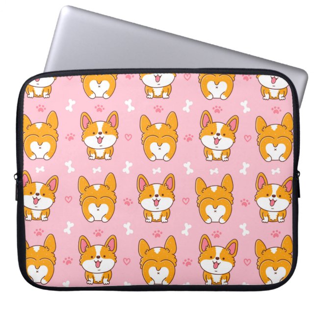 Cute happy corgi dog seamless pattern laptop sleeve (Front)