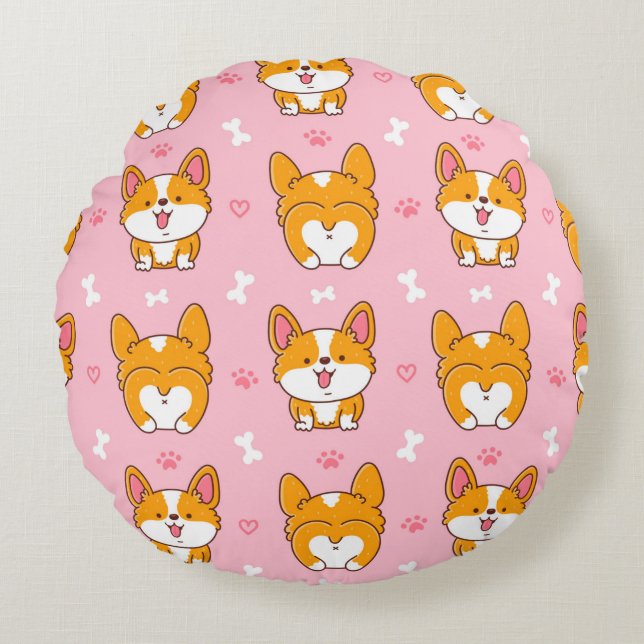 Cute happy corgi dog seamless pattern round cushion (Front)