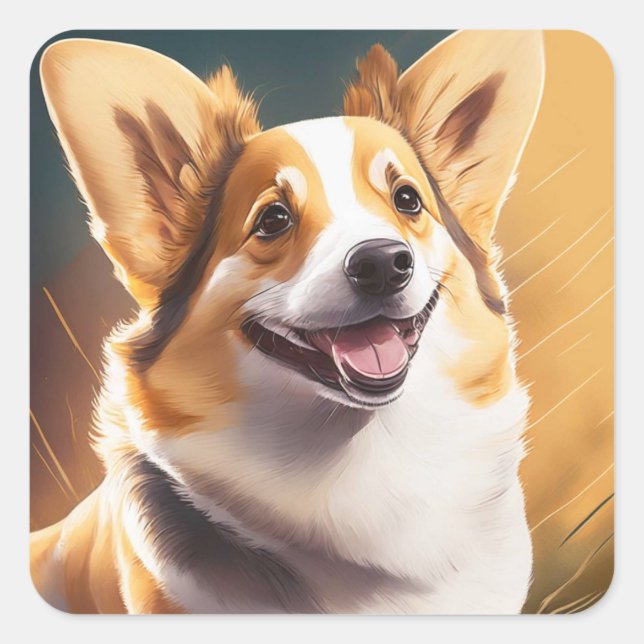 Cute Happy Corgi Dog Square Sticker (Front)