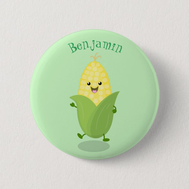 Cute happy corn cartoon illustration 6 cm round badge (Front)