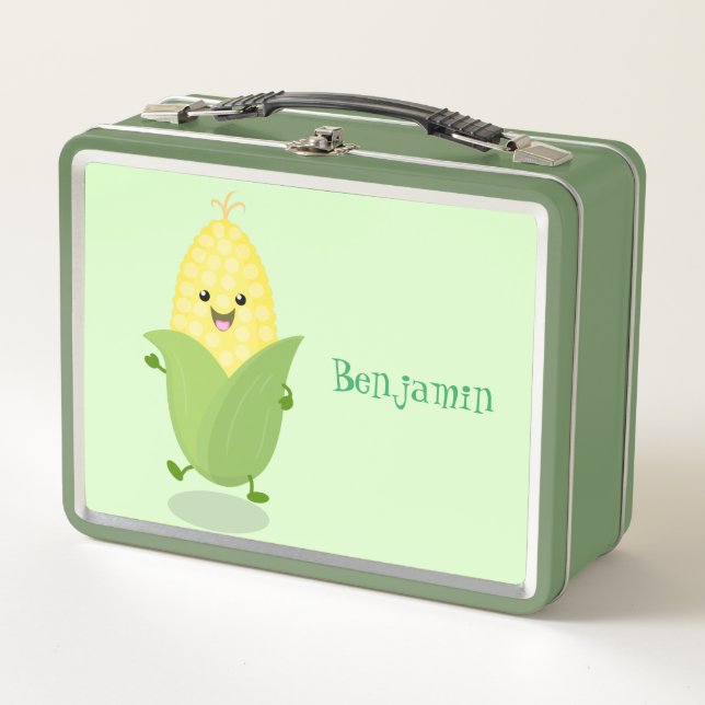 Cute happy corn cartoon illustration metal lunch box (Front)