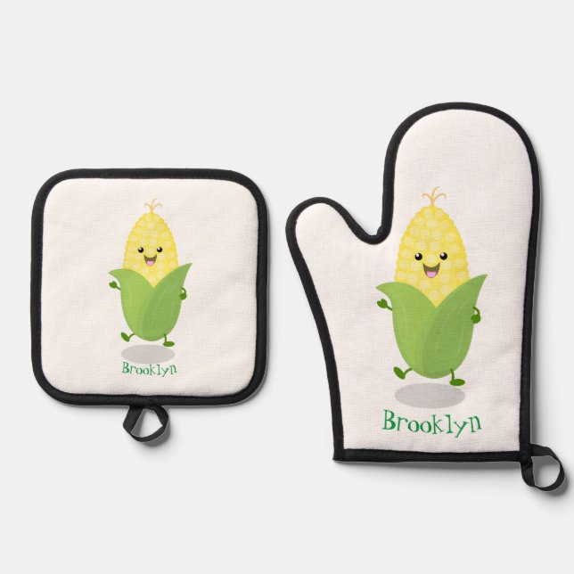 Cute happy corn cartoon illustration oven mitt & pot holder set (Front)