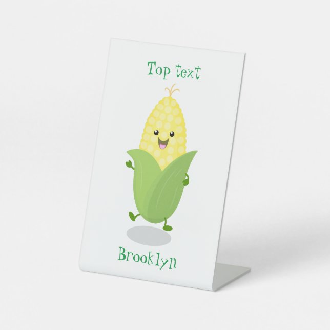 Cute happy corn cartoon illustration pedestal sign (Front)