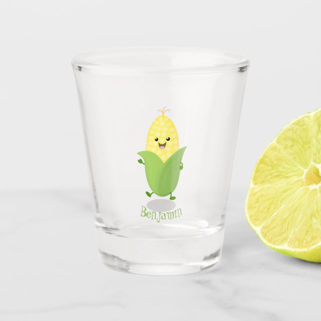 Cute happy corn cartoon illustration  shot glass (Front)