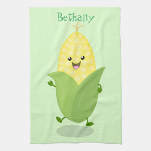 Cute happy corn cartoon illustration tea towel