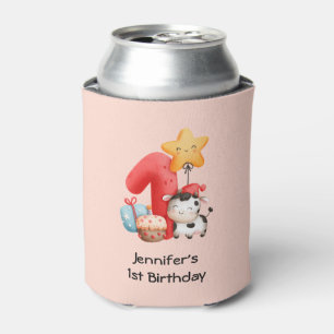 Cute Happy Cow 1st Birthday Can Cooler