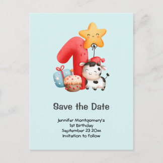Cute Happy Cow 1st Birthday Save the Date Invitation Postcard