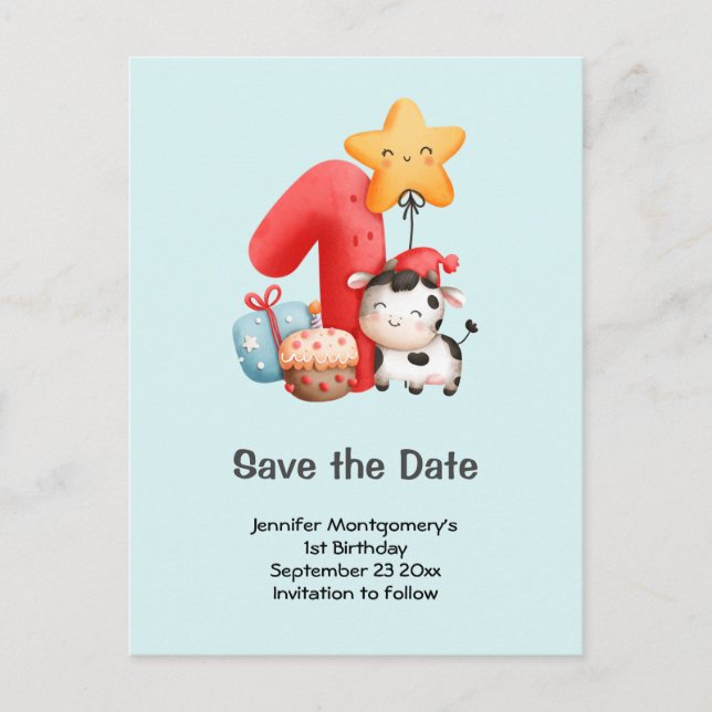 Cute Happy Cow 1st Birthday Save the Date Invitation Postcard (Front)