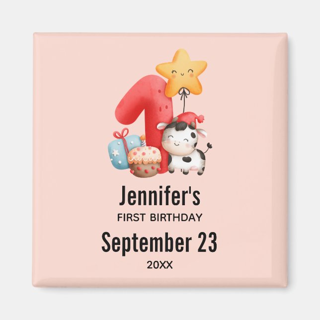 Cute Happy Cow 1st Birthday Save the Date Magnet (Front)