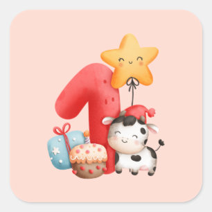 Cute Happy Cow 1st Birthday Square Sticker