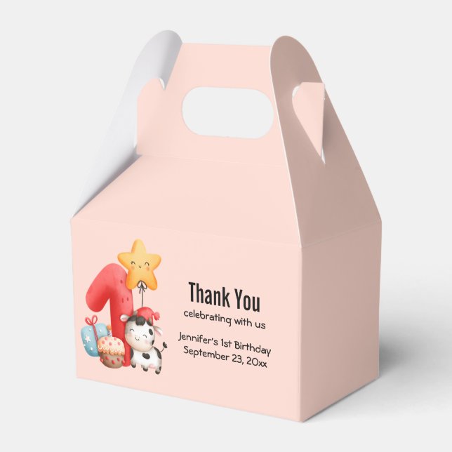 Cute Happy Cow 1st Birthday Thank You Favour Box (Front Side)