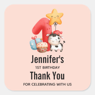 Cute Happy Cow 1st Birthday Thank You Square Sticker