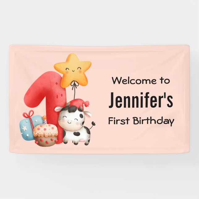 Cute Happy Cow 1st Birthday Welcome Banner (Horizontal)