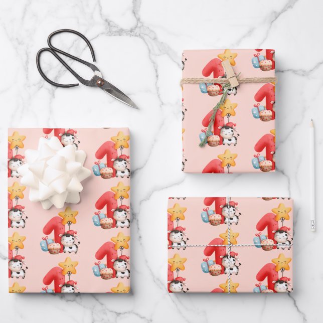 Cute Happy Cow 1st Birthday Wrapping Paper Sheet (Front)