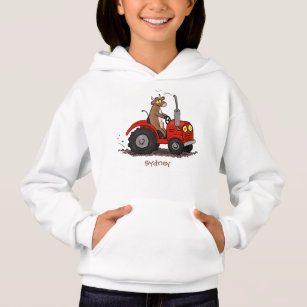Cute happy cow driving a red tractor cartoon