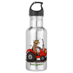 Cute happy cow driving a red tractor cartoon 532 ml water bottle