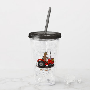 Cute happy cow driving a red tractor cartoon acrylic tumbler