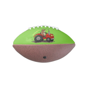 Cute happy cow driving a red tractor cartoon american football