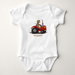 Cute happy cow driving a red tractor cartoon baby bodysuit