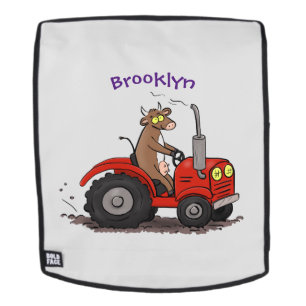 Cute happy cow driving a red tractor cartoon backpack