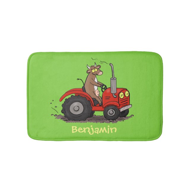 Cute happy cow driving a red tractor cartoon bath mat (Front)
