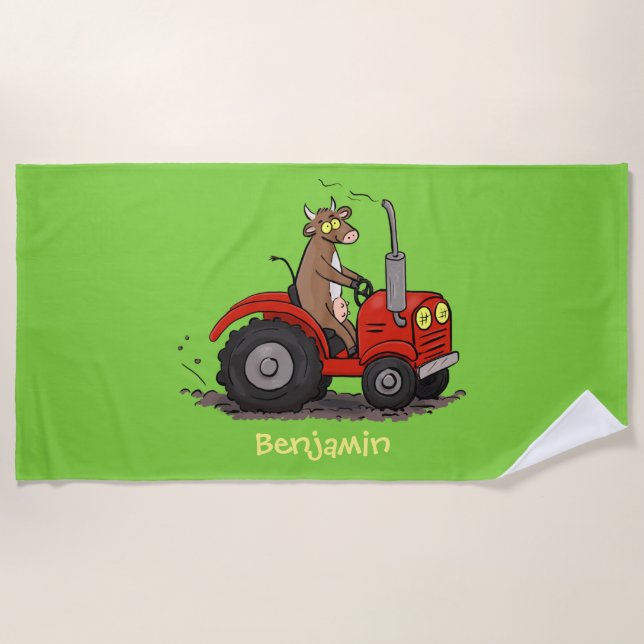 Cute happy cow driving a red tractor cartoon beach towel (Front)
