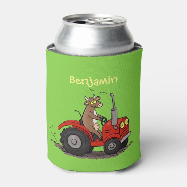 Cute happy cow driving a red tractor cartoon can cooler (Can Front)