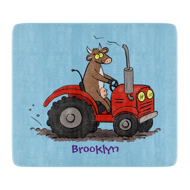 Cute happy cow driving a red tractor cartoon cutting board (Front)