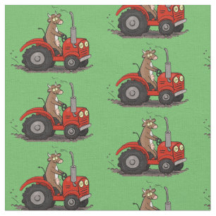 Cute happy cow driving a red tractor cartoon fabric