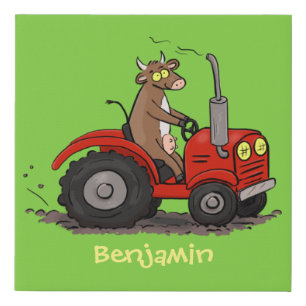 Cute happy cow driving a red tractor cartoon faux canvas print