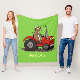 Cute happy cow driving a red tractor cartoon fleece blanket