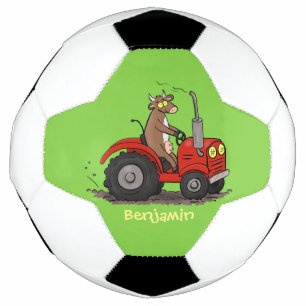 Cute happy cow driving a red tractor cartoon football